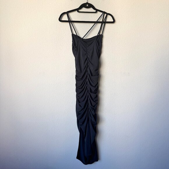 Abercrombie & Fitch Black Asymmetrical Strappy Ruched Midi Dress Size S - Picture 3 of 6